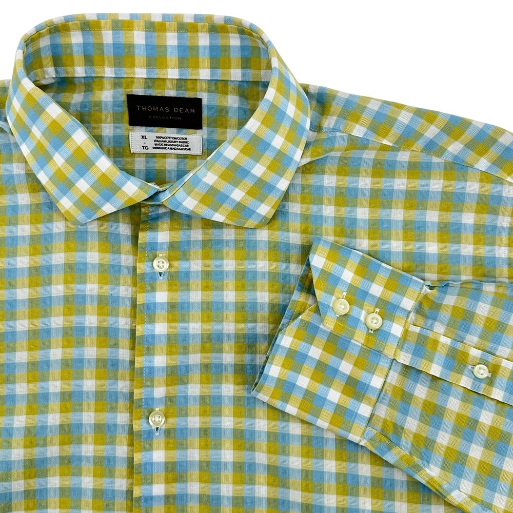 Thomas Dean Collection‎ Mens XL Gingham Italian Luxury Fabric Cotton Dress Shirt
